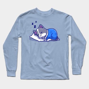 Cute Cat Sleeping With Pillow And Blanket Cartoon Long Sleeve T-Shirt